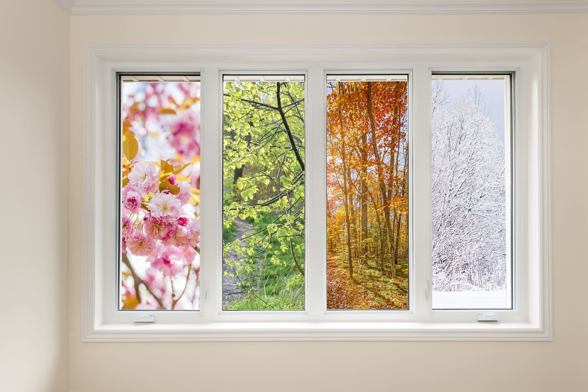A four-pane window, each showing a different season.